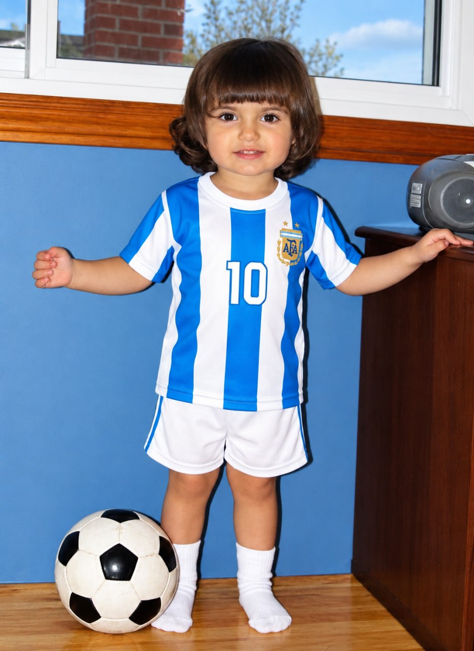 Arianna as a toddler in a number 10 kit, standing next to a soccer ball