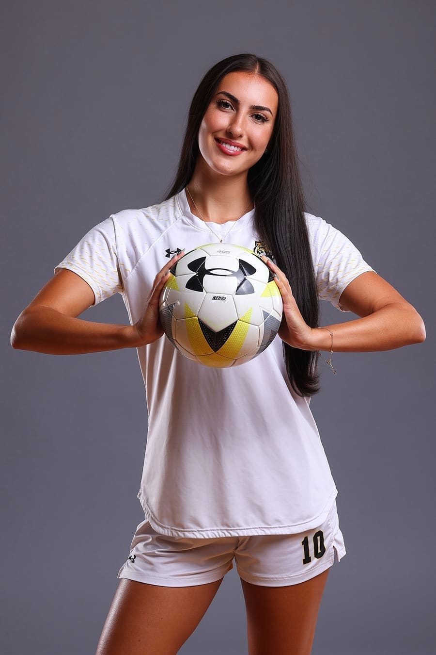 Arianna Rushenas smiling in her Dalhousie Tigers kit, holding a soccer ball