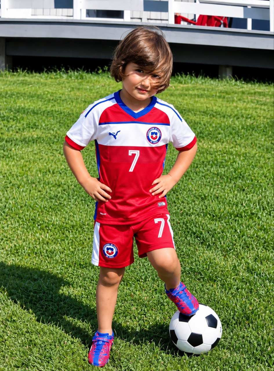 Arianna as a young girl in a number 7 kit, with her foot on a soccer ball